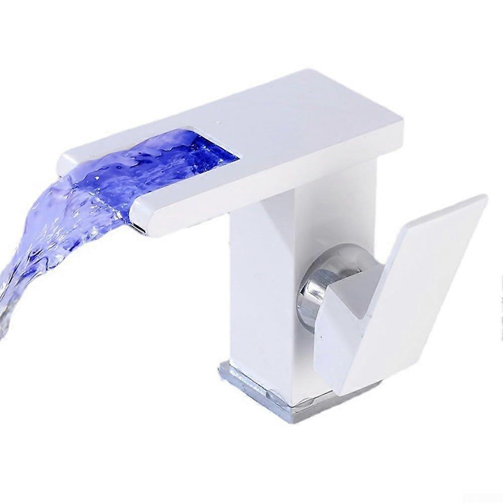 Modern Bathroom Faucet: One-Handle Waterfall, Deck-Mount Basin, LED Temp Display, Black-White-Copper Finish, Single-Hole
