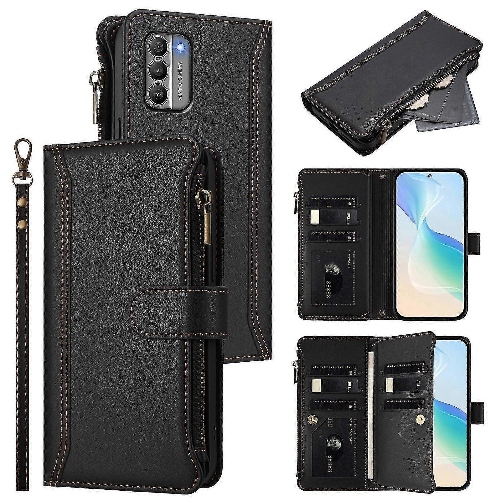Magnetic Closure 9 Card Slots Zipper Leather Case with Hand Strap