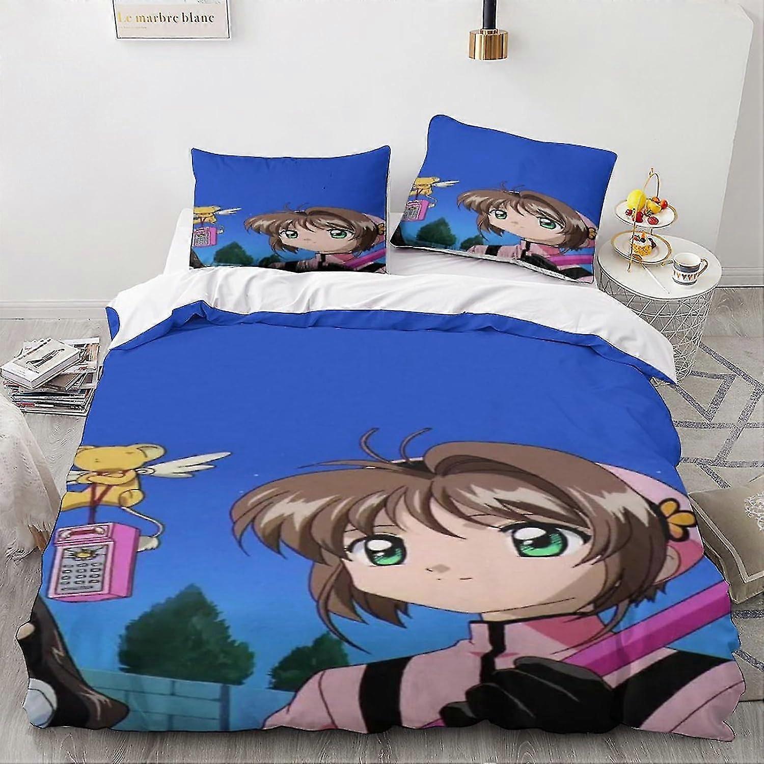 Anime Duvet Cover Set for Card Captor Sakura, 3D Microfiber Polyester Bedding with Pillow, 3 Pieces, Zipper Quilt Cover Double
