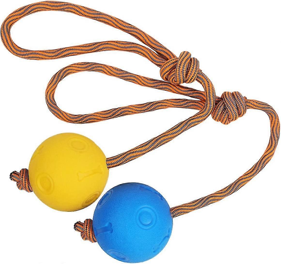 Dog Ball with Rope, Durable Rubber Fetch Toy, 7cm Blue+Yellow