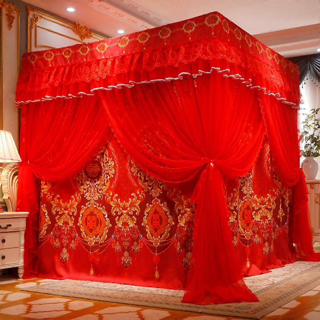 Red Romantic Mosquito Net with 4 Corner Posts and Luxury Bed Canopy Curtain Canopy 2 in 1 for Girls Women Adults Wedding Bedroom Nursery Bed