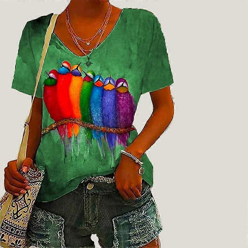 Pentru femei Decolteu în V Manșon scurt Șapte păsări imprimeu Top Tricou lejer Cămașă casual