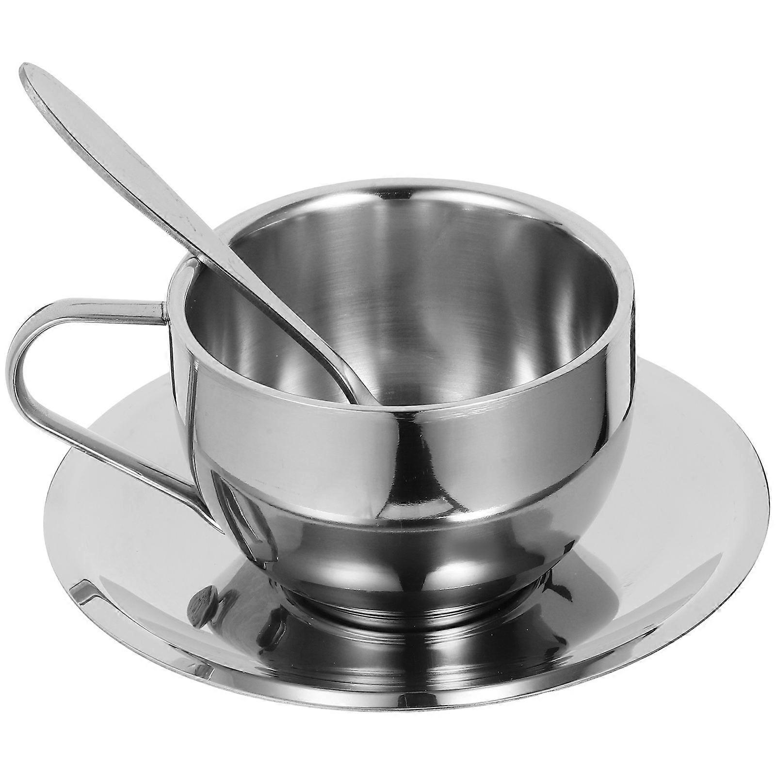 Silver Stainless Steel Coffee Cup Set with Saucer and Spoon Perfect for Home Use 1 Set