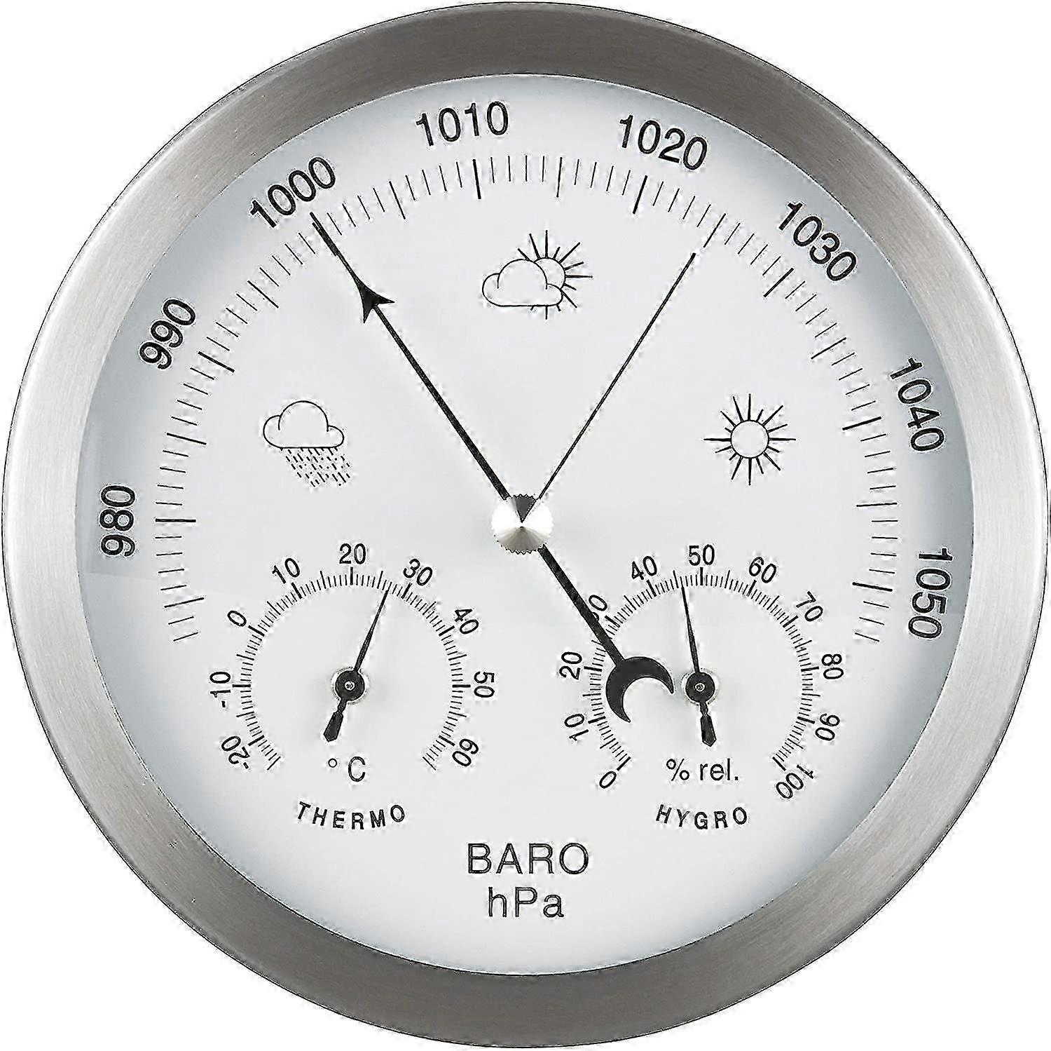 Barometer værstasjon 3-i-1 rustfritt stålramme 14 cm termometer
