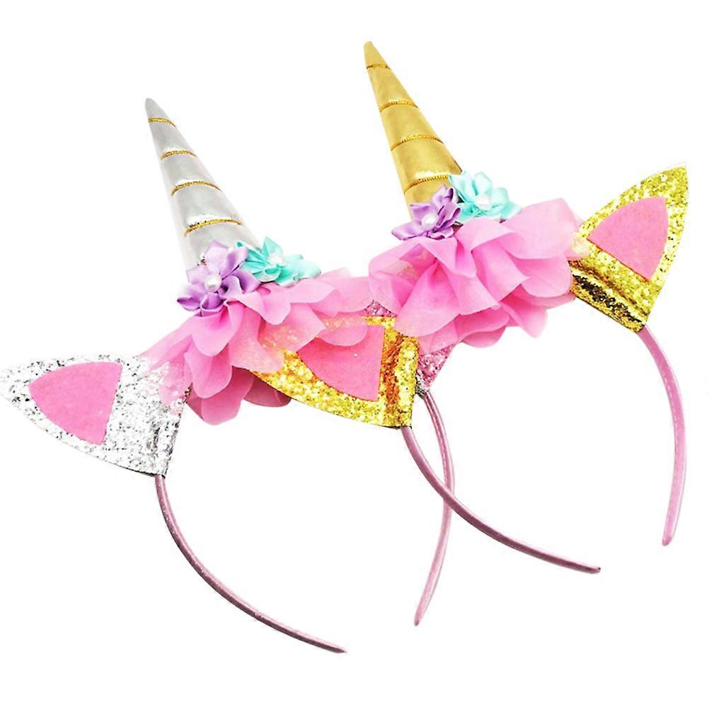 Kids Floral Unicorn Headband Featuring Unicorn Horn For Girls Celebrating Birthday Parties Or Costume Events In Multi 2Set