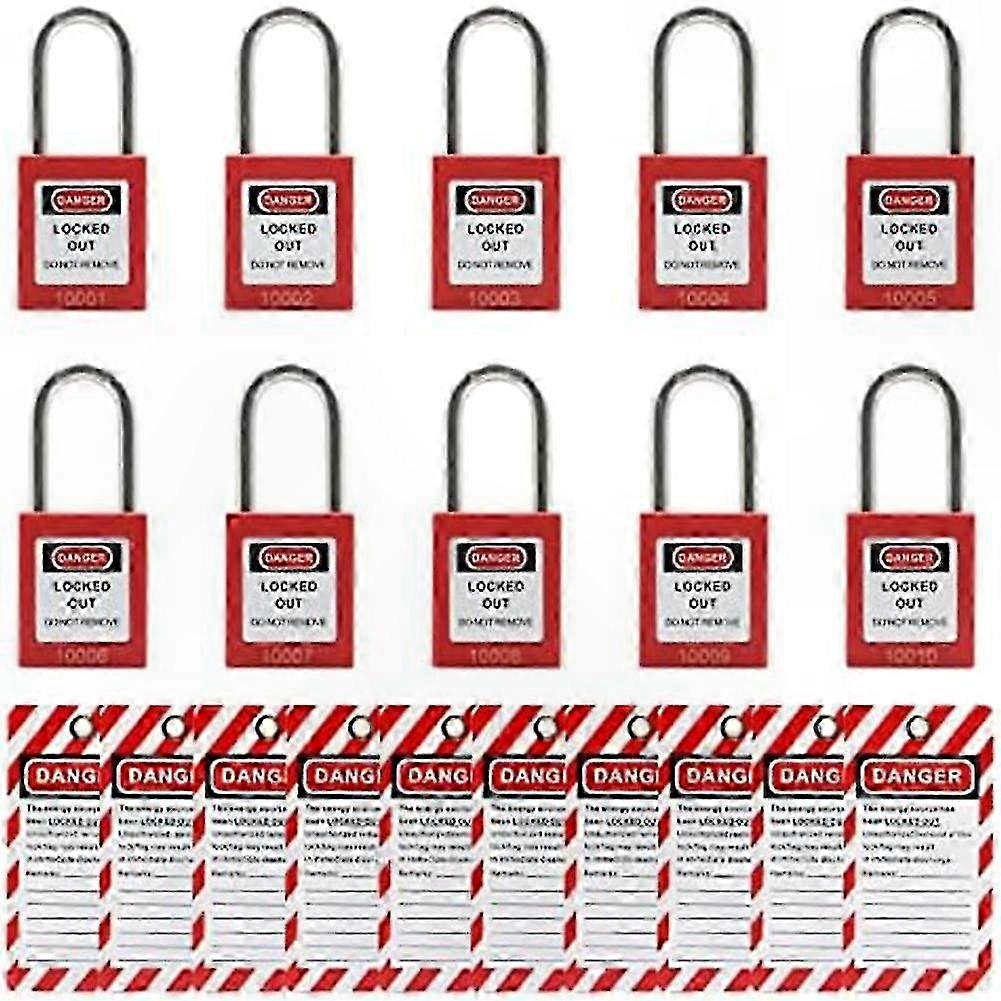Safety Lockout Kit: 10 Red Keyed Different Padlocks with 10 Tags for Compliance