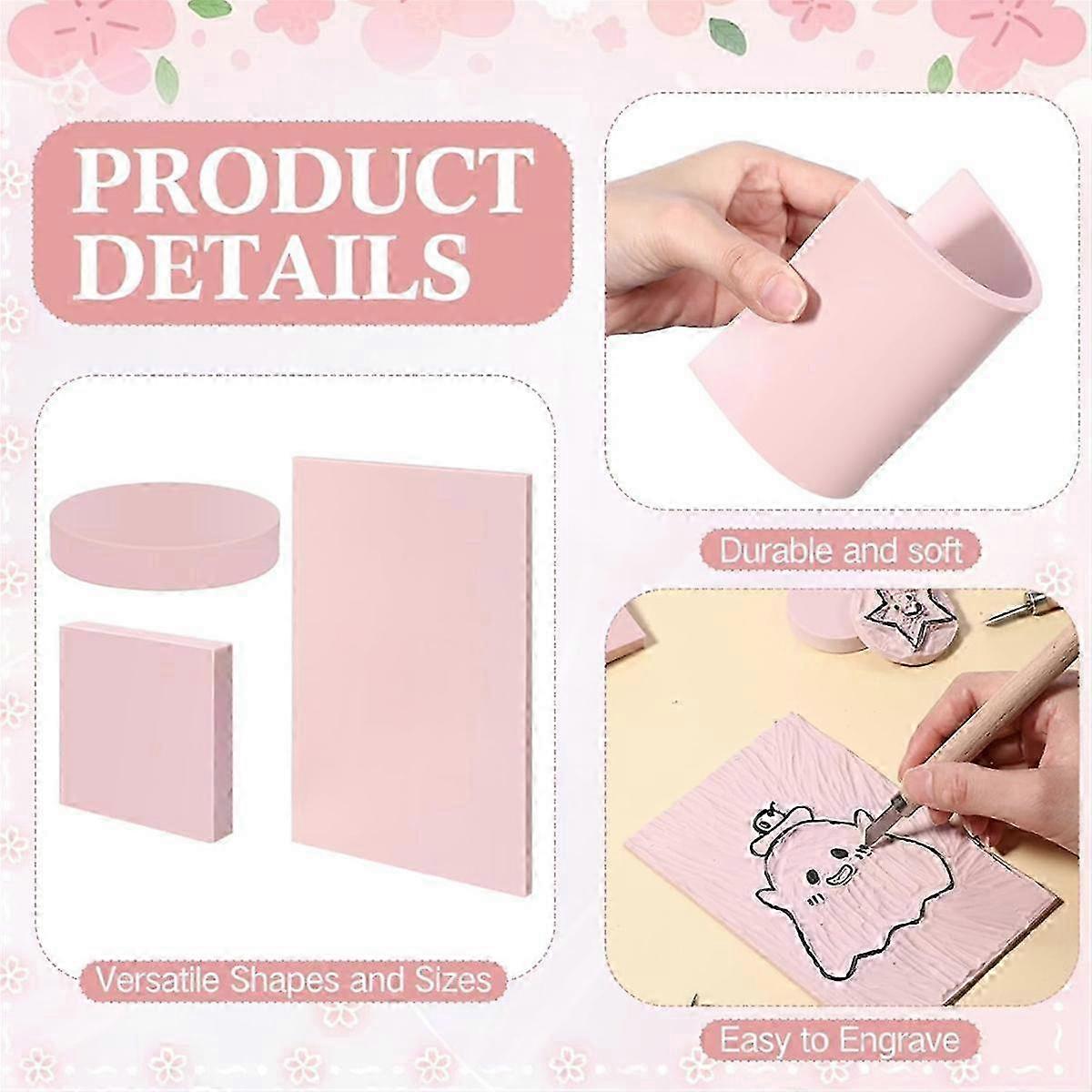 Rubber Stamp Carving Blocks Kit - 18 Pieces of Pink Soft Linoleum & Rubber Stamps for Craft Enthusiasts