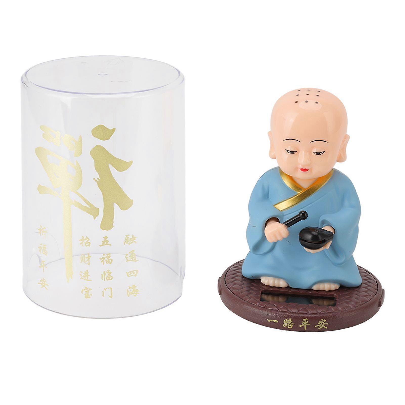 Cute Monk Car Ornament Solar Powered Waving Hands Monk Car Interior Display Decoration with 2 Anti Slip Mats for Home Blue