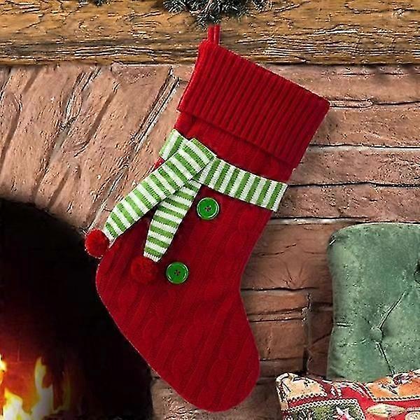 Red Knitted Christmas Stocking with Scarf, Large Festive Decoration for Tree and Home