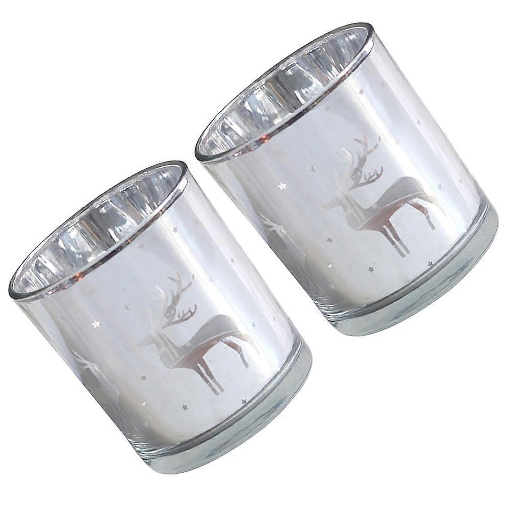 Silver Reindeer Candle Cups 2Pcs Aromatherapy Holder For Christmas Party 8X7Cm Round Design
