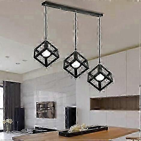 Lampe Suspensions Plafonnier Cube Luminaire 3 Lampes, Lustre Abat-jour Avec Douille Applique D'eclairage E27 Noir