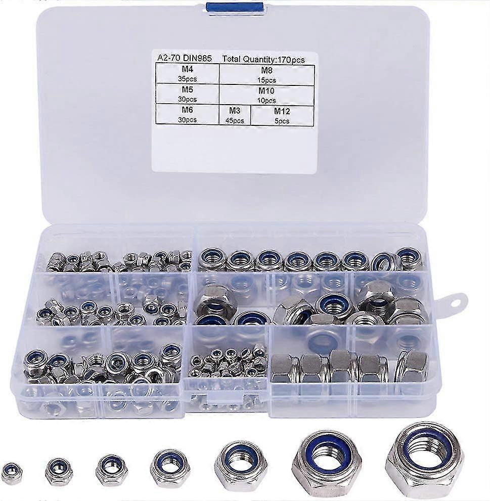 Hex Nut, Nylon Lock Nut Assortment Kit, Stainless Steel Hex Lock Nuts, 304 And Nylon Dimensions: M3, M4, M5, M6, M8, M10, M12