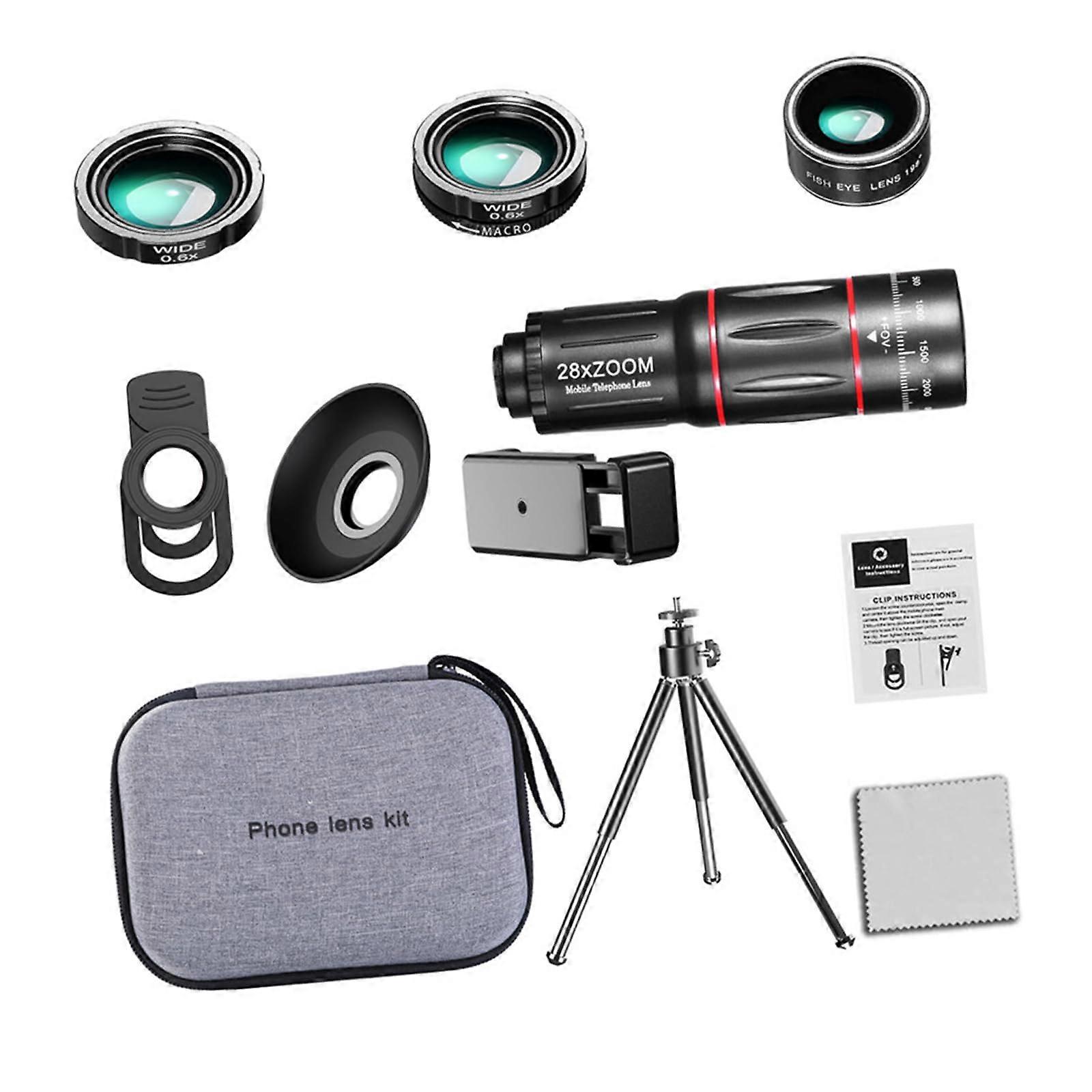 28X Photography Telephoto Lens Clip On For Phones With Fisheye Macro Wide Angles Quick Install Lens Set