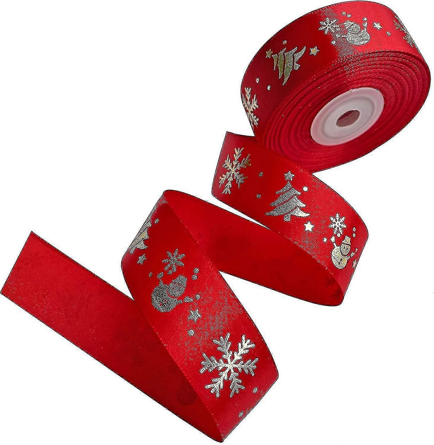 22 Meters Christmas Ribbon Satin Ribbons Printed With Golden Christmas Tree Snowman