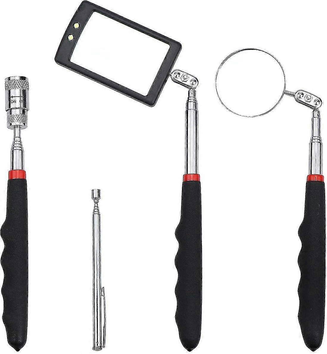 Telescopic Inspection Mirror,4pcs Rectangular/round Magnetic Pick-up Tool With Led Light