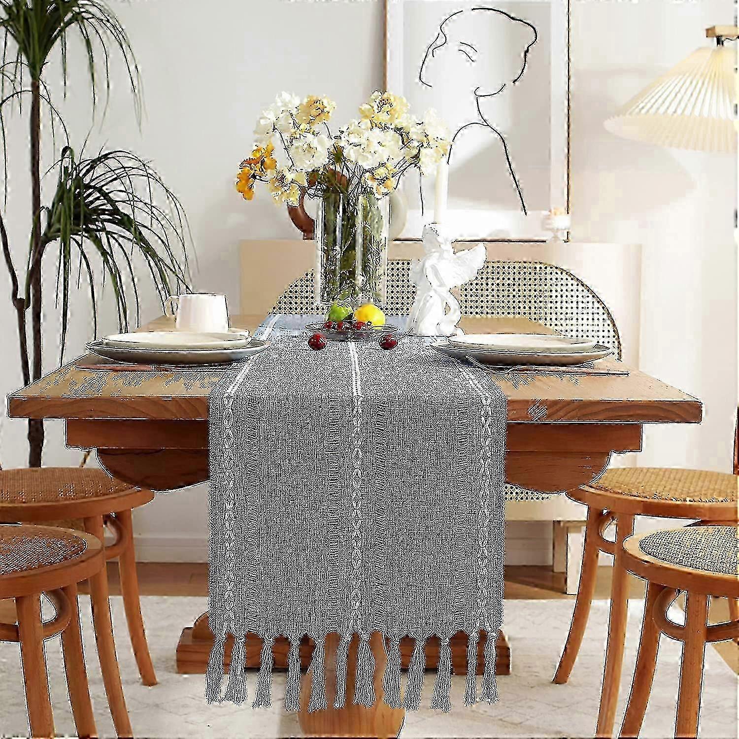 Rustic Farmhouse Style Linen Table Runner, Boho Embroidered Table Runners 90 Inches Long With Tassels Compatible With Holiday Party And Dining