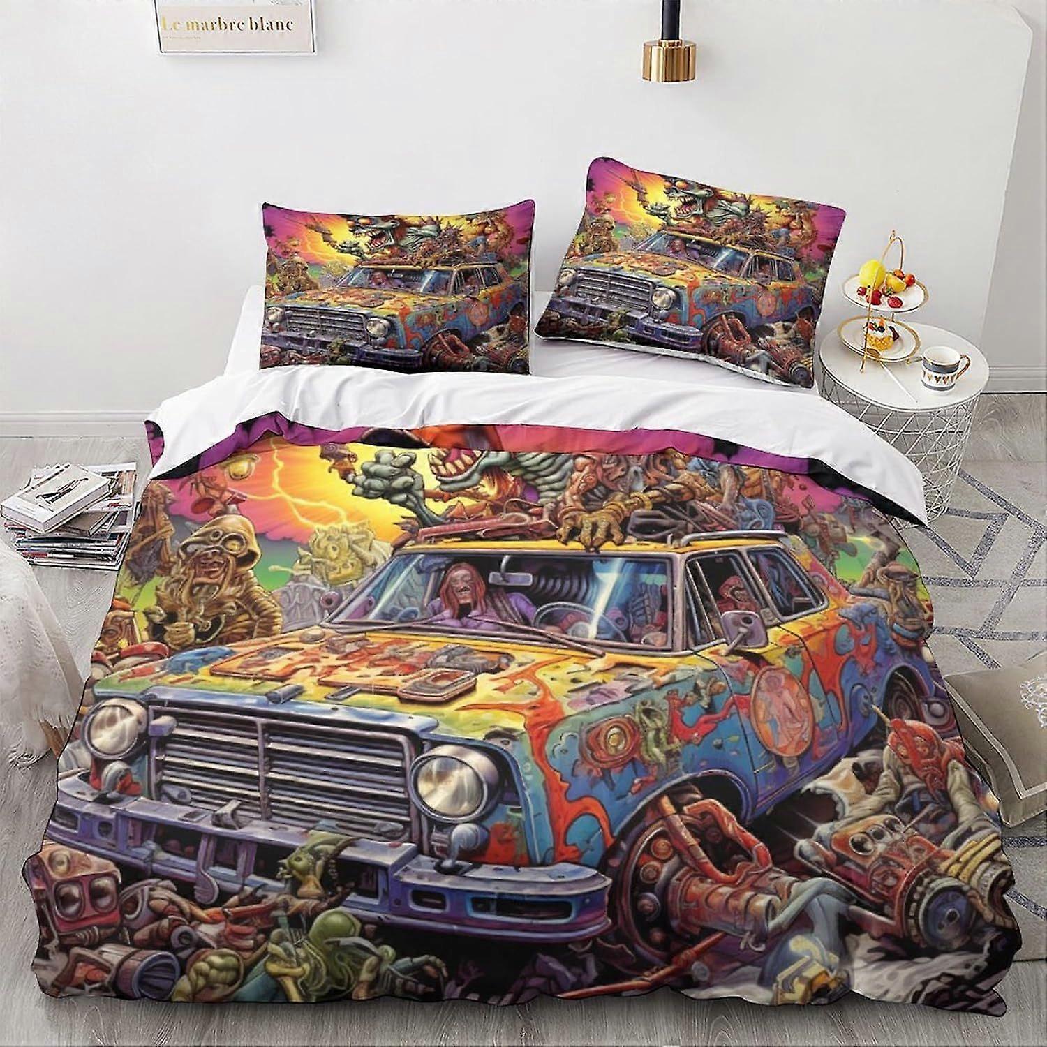 LikeEj monstros edredom capa 3D desenhos animados impresso roupa de cama Set 3Pcs Microfibra vintage carro colcha capa com zíper fechamento duplo