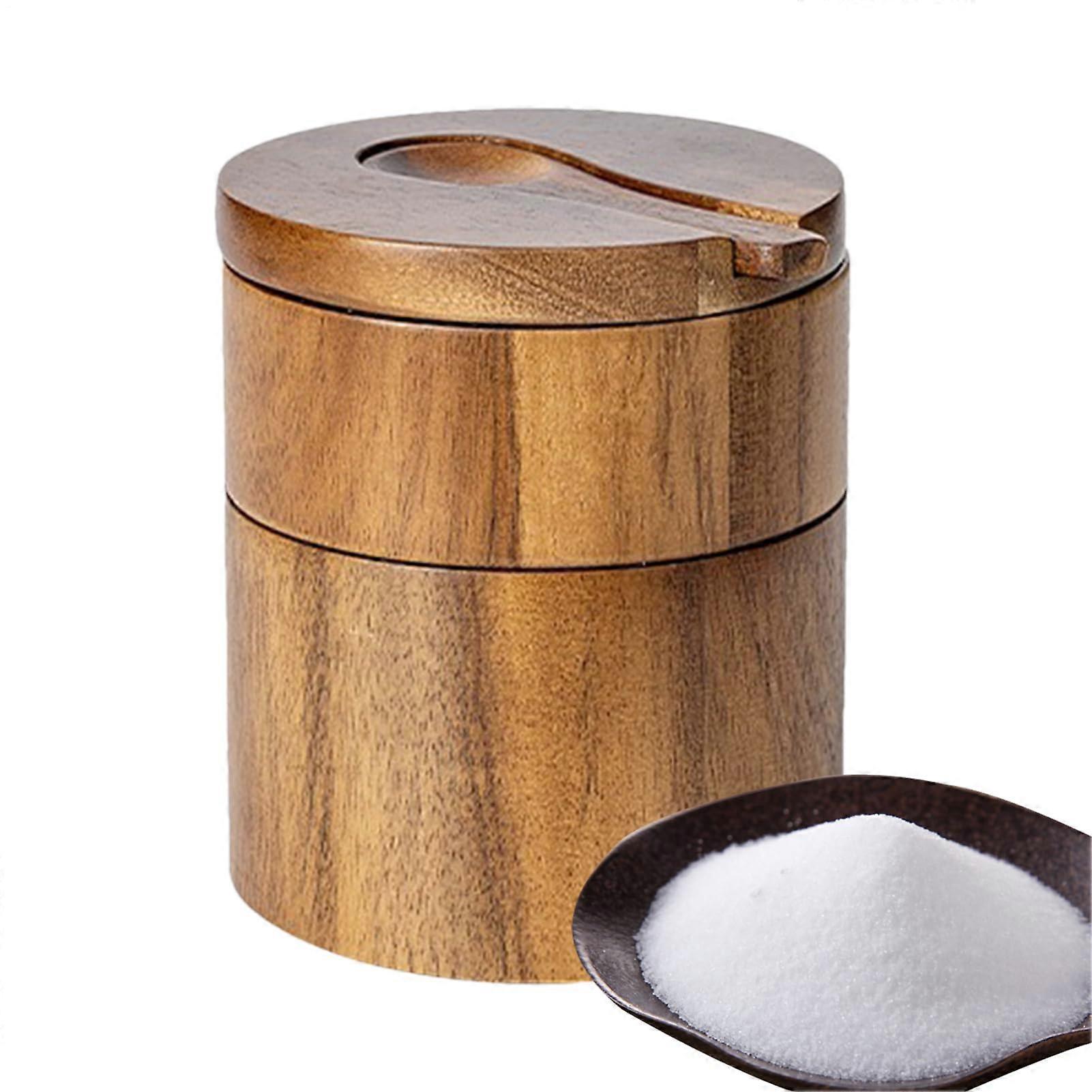 Salt Cellar Wooden 2Tier Salt and Pepper Box with Magnetic Rotating Lid and Spoon