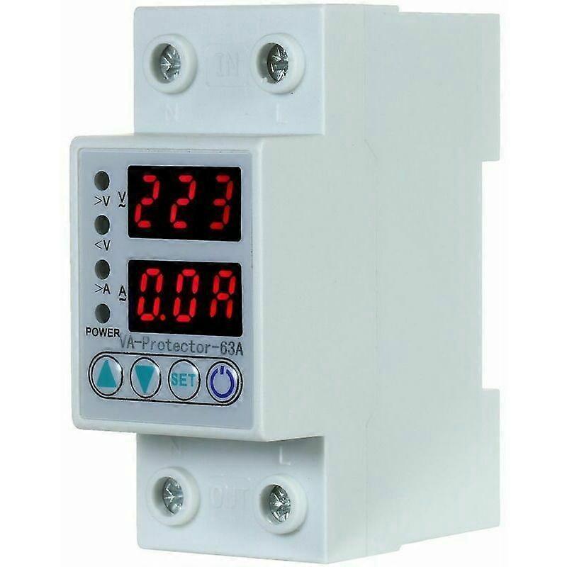 Over and under voltage protection relay, 63A at 220V DIN rail, with dual display for home use.