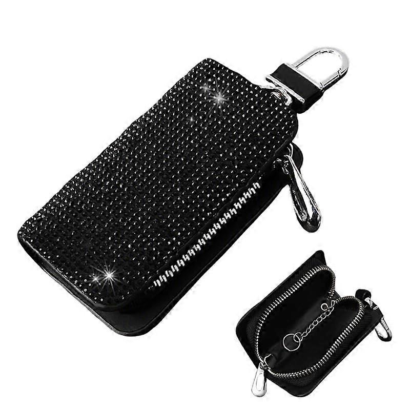 Car Key Case with Crystal Design, PU Leather Key Fob Cover Holder, Signal Blocking, Black Diamond