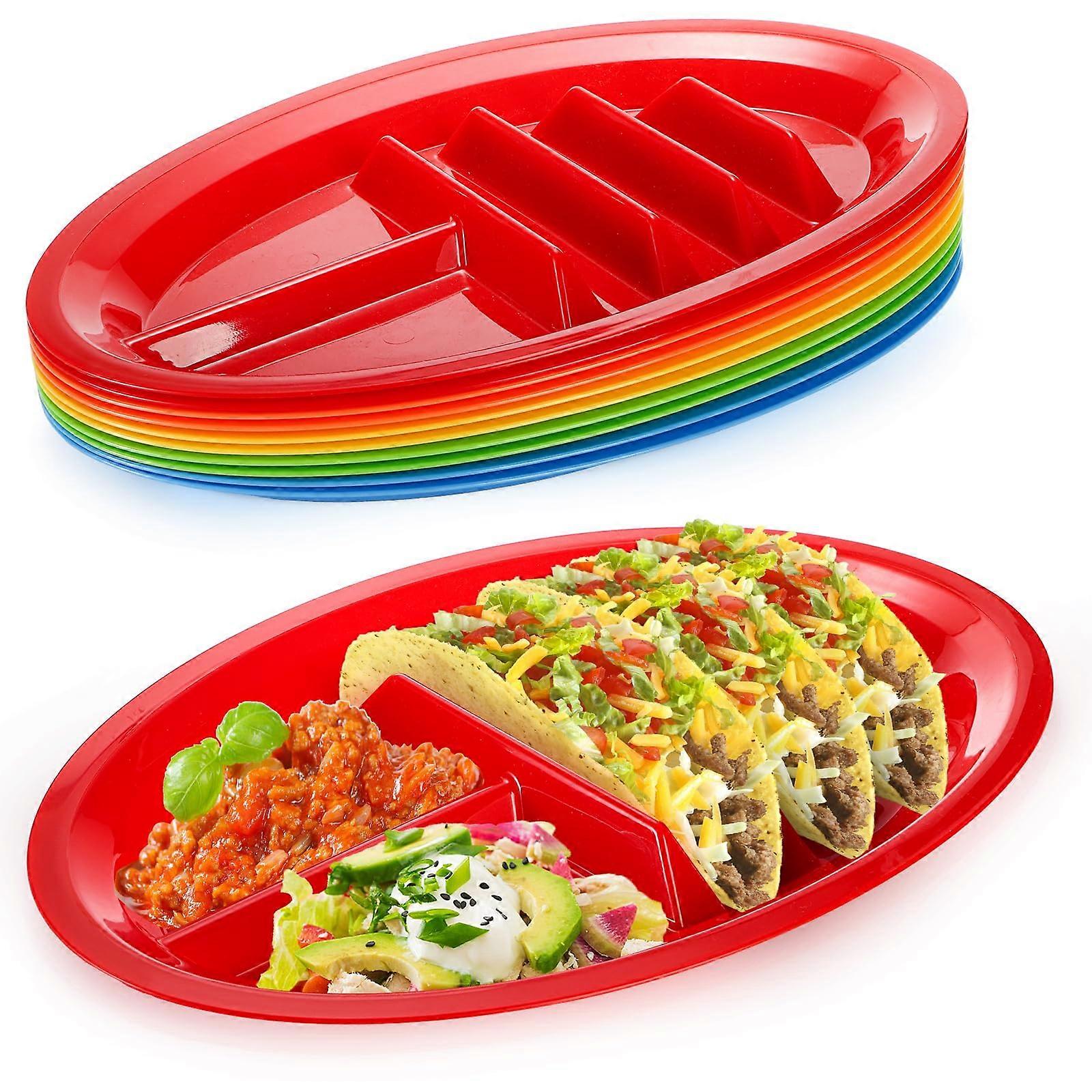 10 Pack Reusable Plastic Taco Holder Plates with Dual Dip Compartments, Dishwasher and Microwave Safe