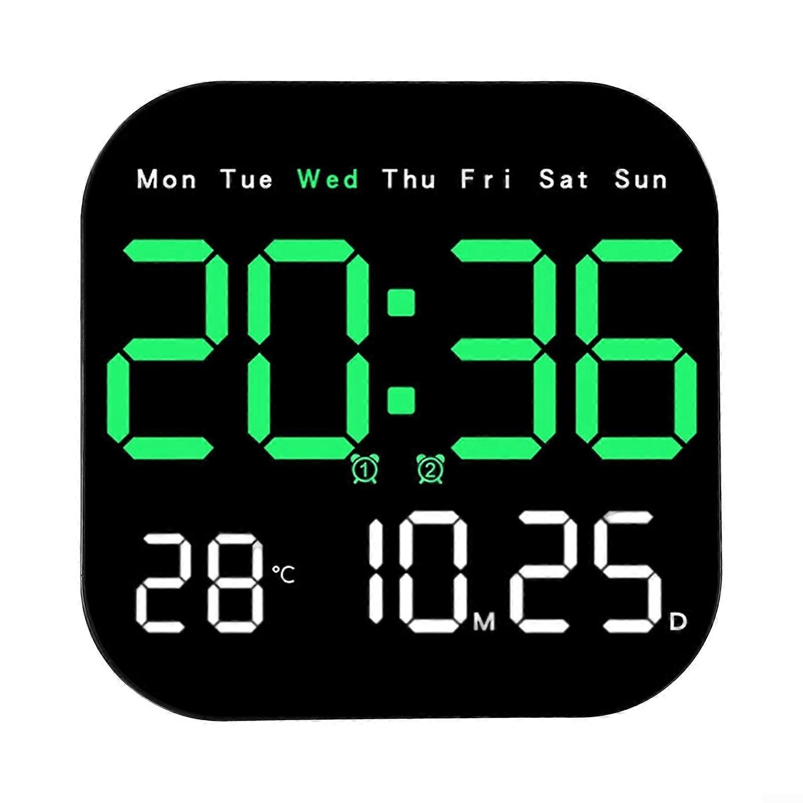 LED Digital Wall Clock with Date and Temperature, Remote Brightness Control, Large Display Black Green