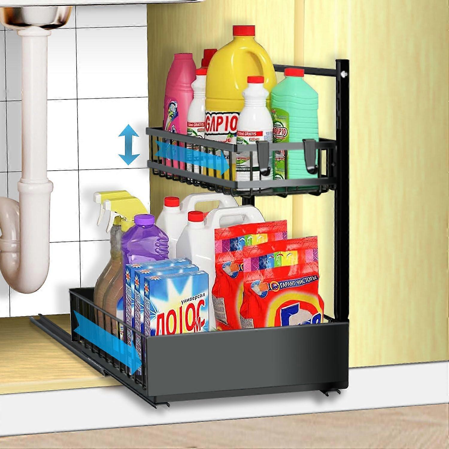 Under Sink Organizer with Adjustable Height, Two Tier Sliding Kitchen Cabinet Storage Shelf, Black