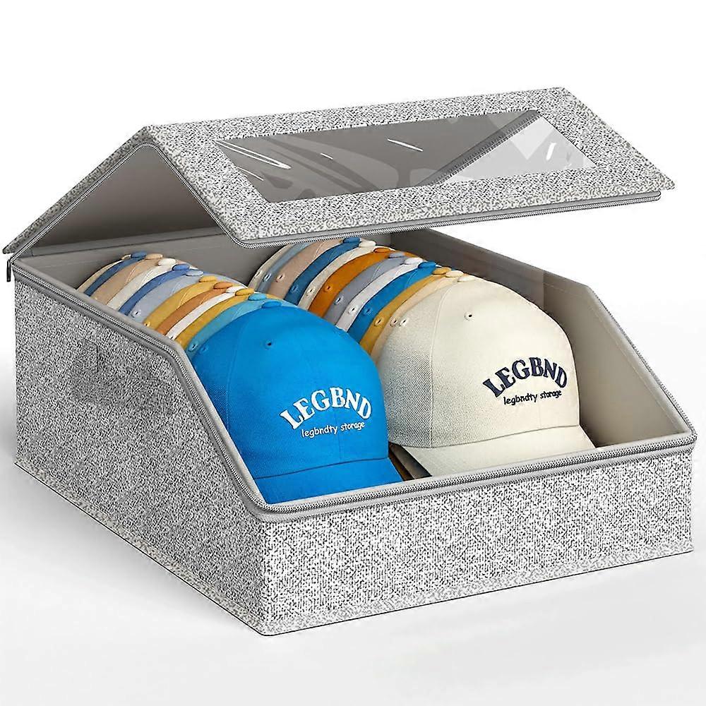 Baseball Cap Organizer with Clear Lid, Foldable Hat Storage Box for 24 Caps, Stackable Closet Use