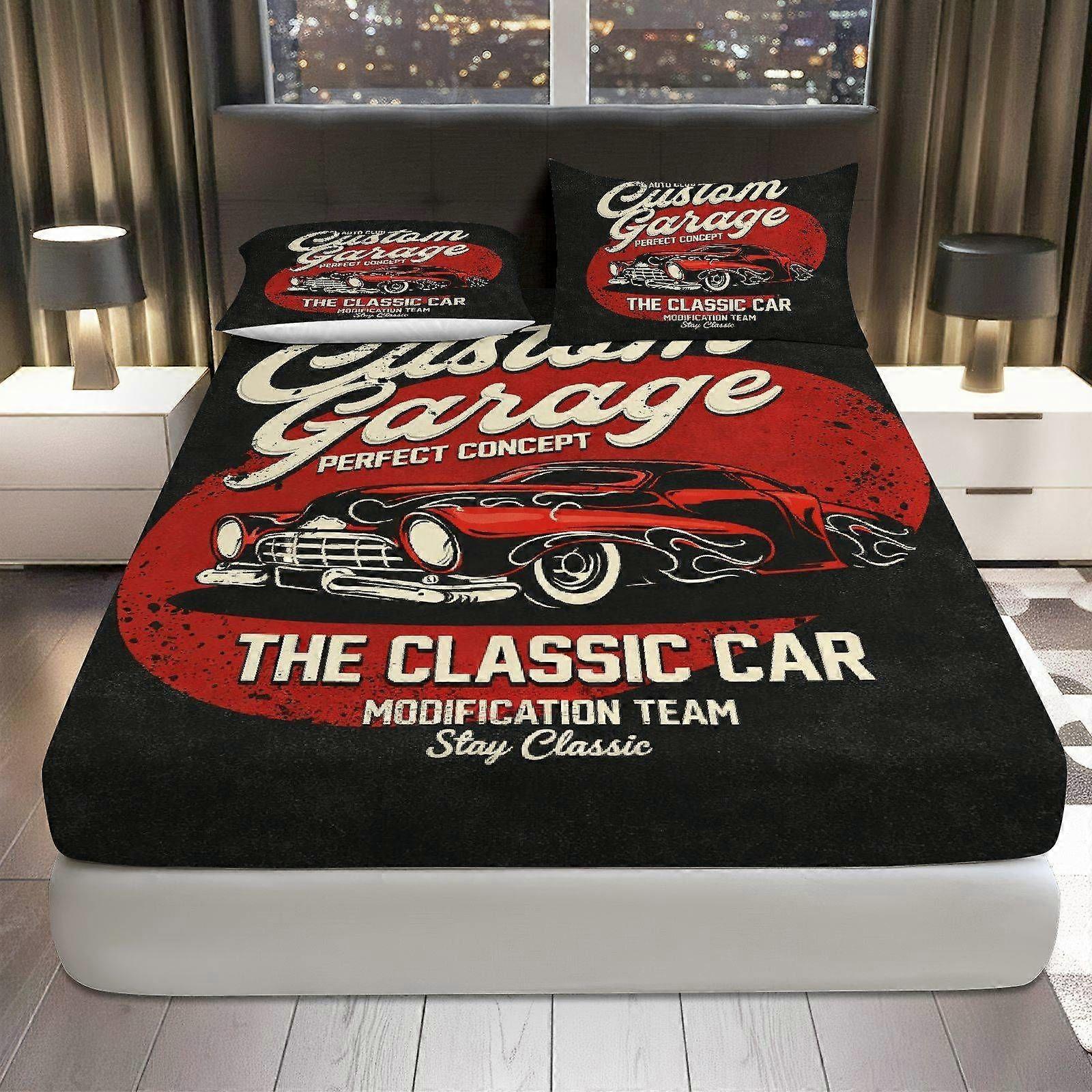 3pcs Classic Car Garage Retro Fitted Sheet Set  Coreless Father'S Day Theme