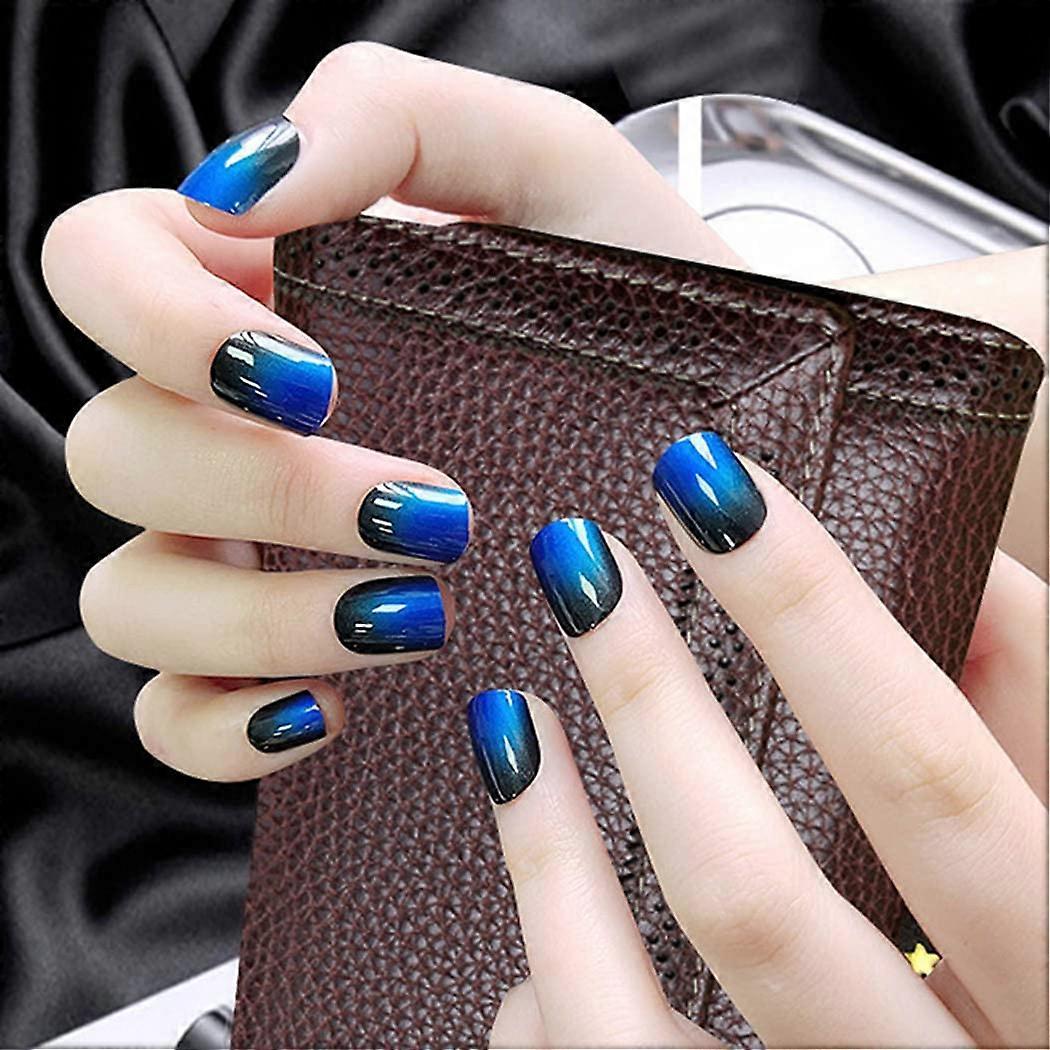Glossy Gradient Blue Press On Nails Reusable Short Square Coffin False Nails with Adhesive Tabs 24PCS