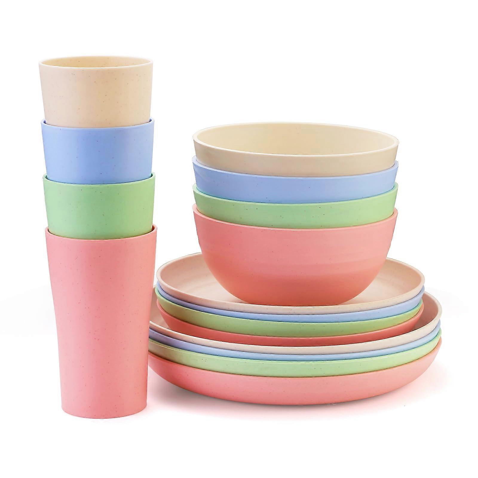 Wheat Straw Dinnerware Set for 4, 16Piece Unbreakable Microwave Dishwasher Safe Colorful Tableware
