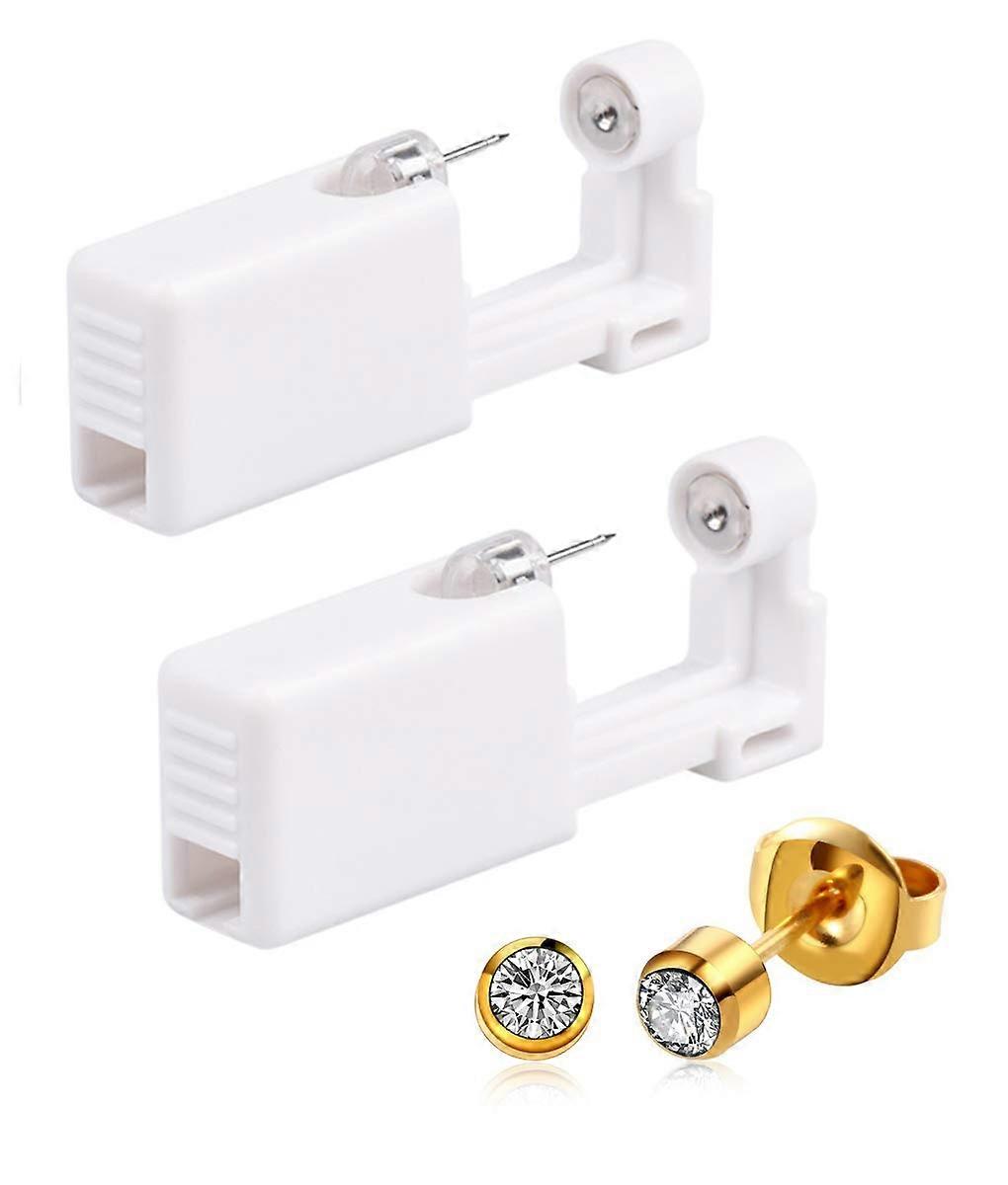 Ear Piercing Kit with Gold CZ Studs, Sterile Disposable Self Piercing Gun for Earlobe, 2 Pack