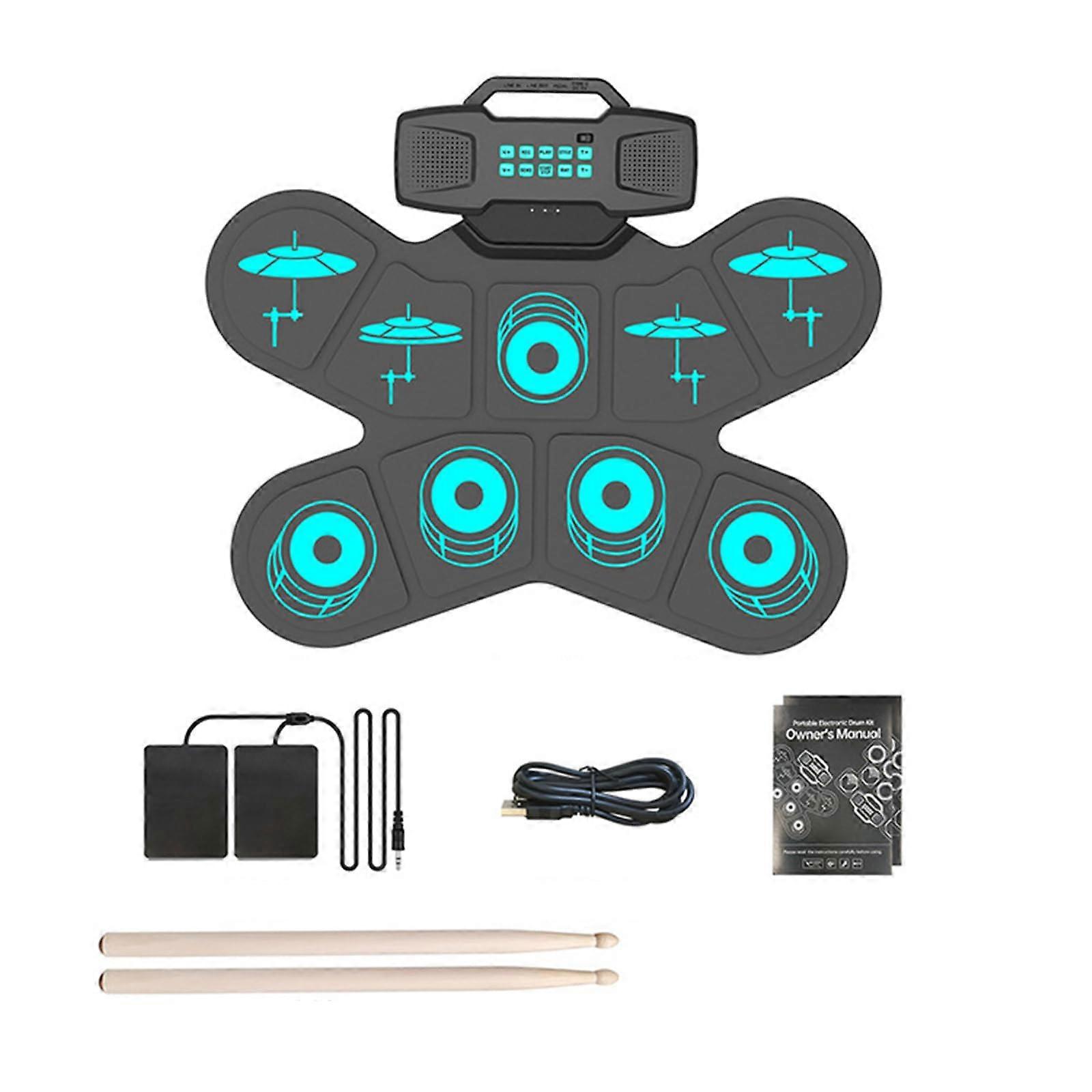 Electronic Drum Kit 9 Pad Roll Up Set with Pedals Rechargeable Silicone Mat Builtin Speaker