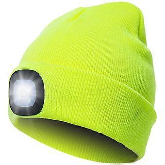 Morttic LED-belyst lue, håndfri hodelykt med 4 LED-lys, varm strikket vinterlue for fotturer/sykling/camping – fluorescerende gul, kompatibel med