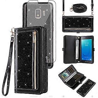 Wallet Case with Zipper Pocket Strap and Screen Protector Black for Samsung Galaxy J2 Core J2 Pure
