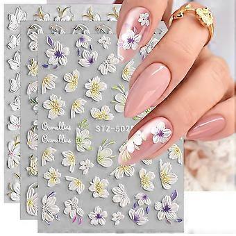 3D en relief printemps fleur nail art autocollants décalcomanies 5D auto-adhésif Pegatinas Uas blanc floral fleurs de cerisier fournitures d’ongles 4 feuilles