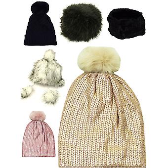 Womens Hat Faux Fur Winter Hats Fluffy Metallic Pom Pom Ear Warmer One Size New