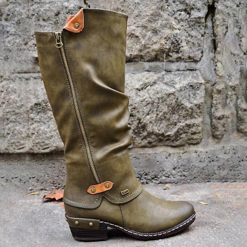 Women Western Cowboy Knee Boots Punk Boots Low Thick Heel Vintage Side Zipper Booties
