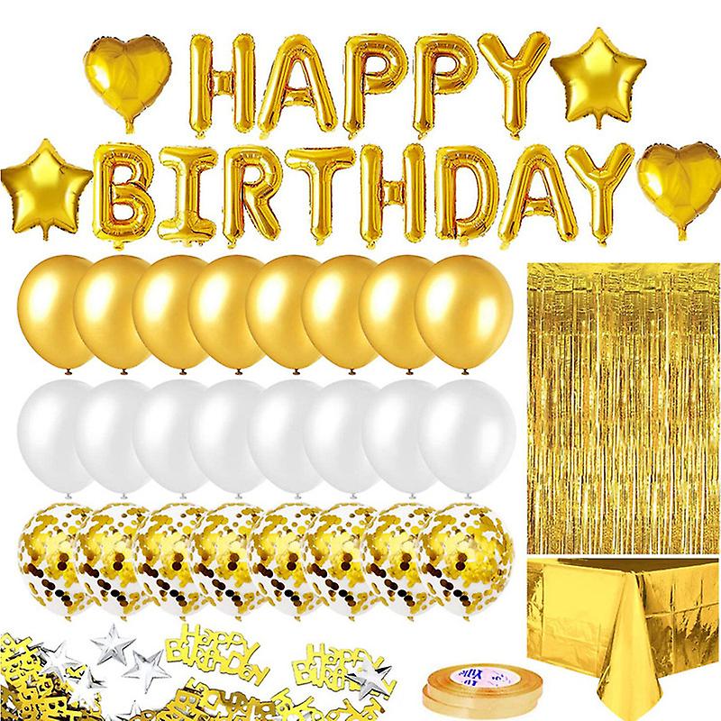 Gold Birthday Party Decoration with Happy Birthday Banner Fringe Curtain Foil Tablecloth