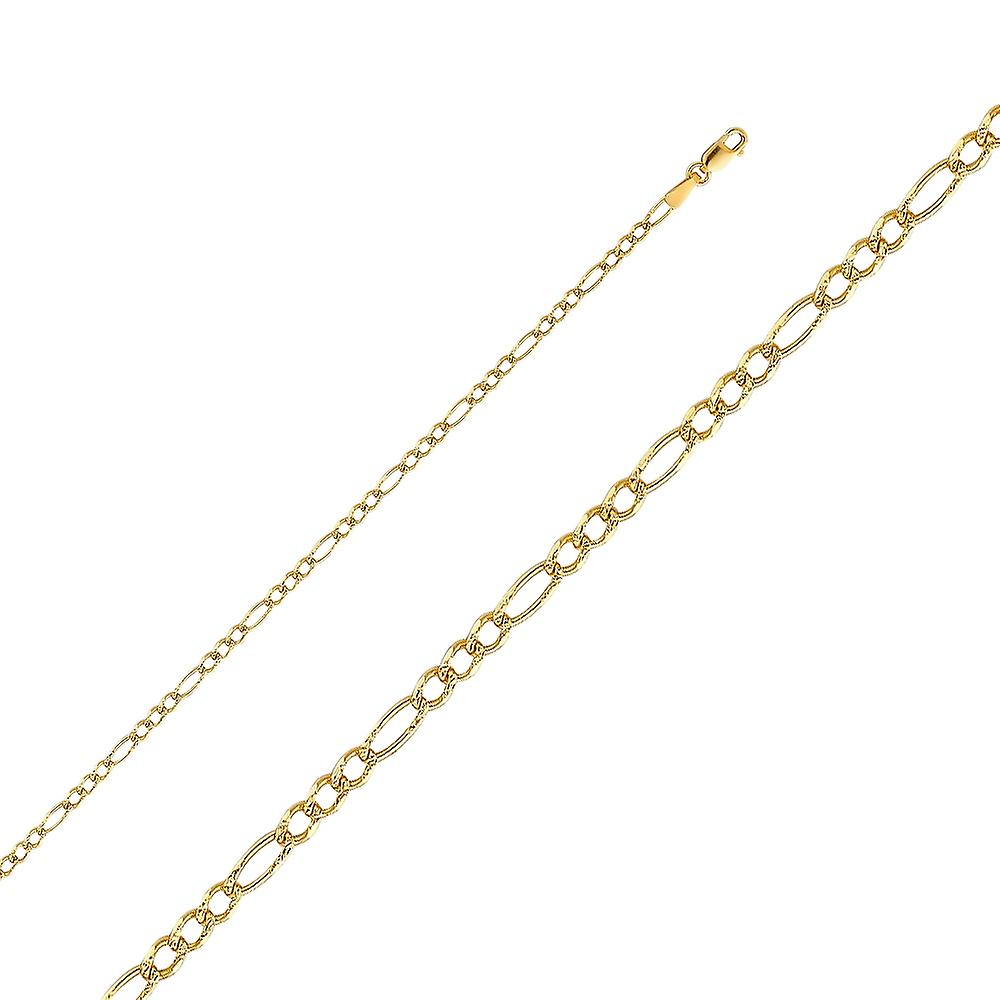 Pulseira Figaro 3 Plus 1 em Ouro Amarelo 14k com Cravação Pavé de 2,7mm e 17,8cm (7 polegadas) para Mulheres e Homens