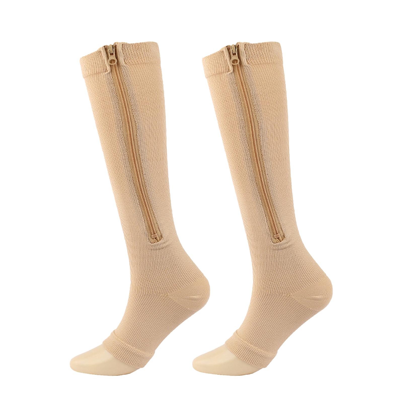 1 Pair Zipper Closure Solid Color High Elasticity Compression Socks Unisex Knee High Open Toe Support Stockings Health Care