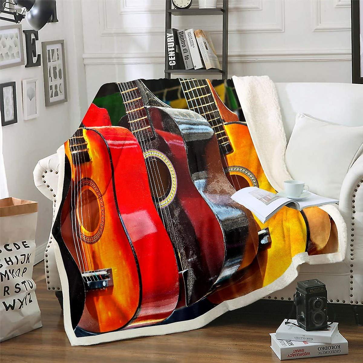 Girls Guitar Plush Throw Blanket Music Themed Fleece Blanket for Sofa Couch Colorful Musical Pattern Decor Sherpa Blanket Guitar Instruments Fuzzy Bla