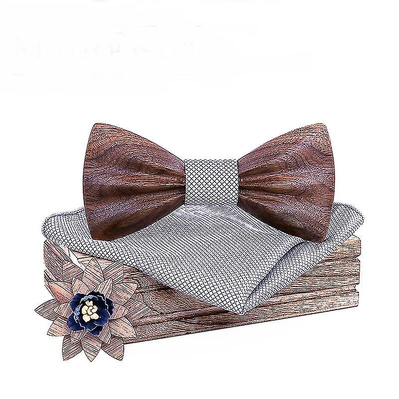 3 Pcs Classic Handmade Mens Wood Bow Tie With Matching Pocket Square And Men's Square Scarf Set