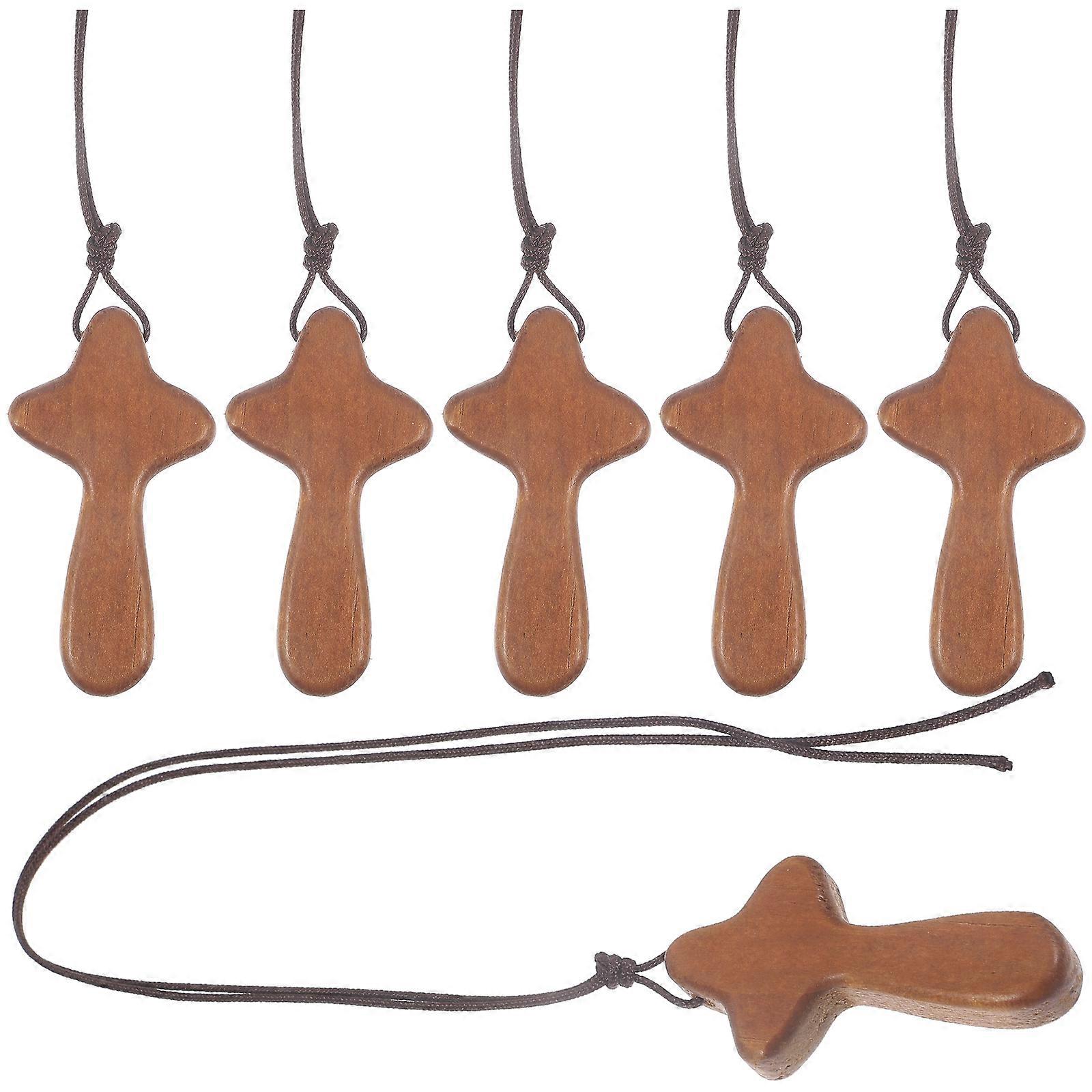 6pcs Wood Cross Pendant Necklace Wooden Rear View Mirror Cross Pendant Decoration