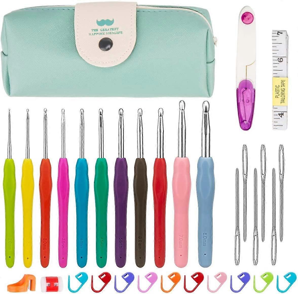 Set of 11pcs Knitting Needles/Knitting Hook with Multicolored Rubber Handle, Set of Knitting Hooks with 19 pcs Accessories, Green Bag for Weaving Craf