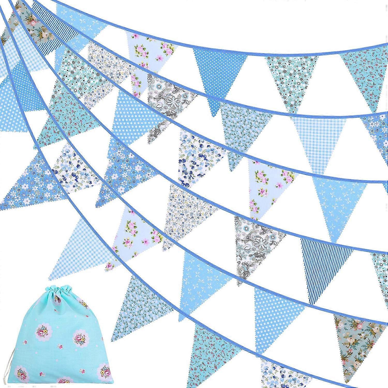 LINJOU 12m Fabric Bunting Banner Vintage Bunting Flag Floral Pennants Triangle Flags Cloth Garland, Blue