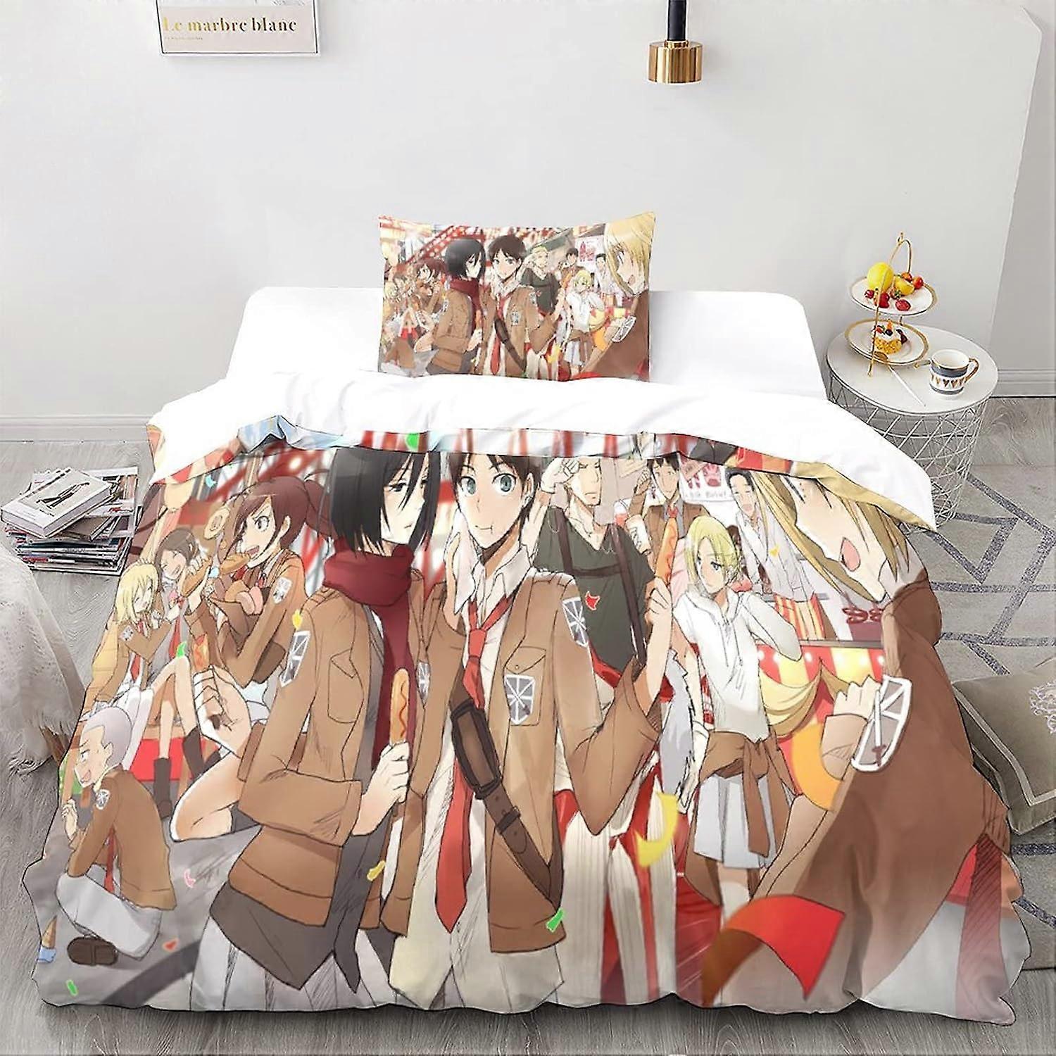 Attack on Titan Anime Dekor Yatak Seti, Japonya - Dijital Baskı D - % Mikrofiber - Yumuşak ve Kabarık - Nevresim ve Tekli Yastık Kılıfı ile 135*200C