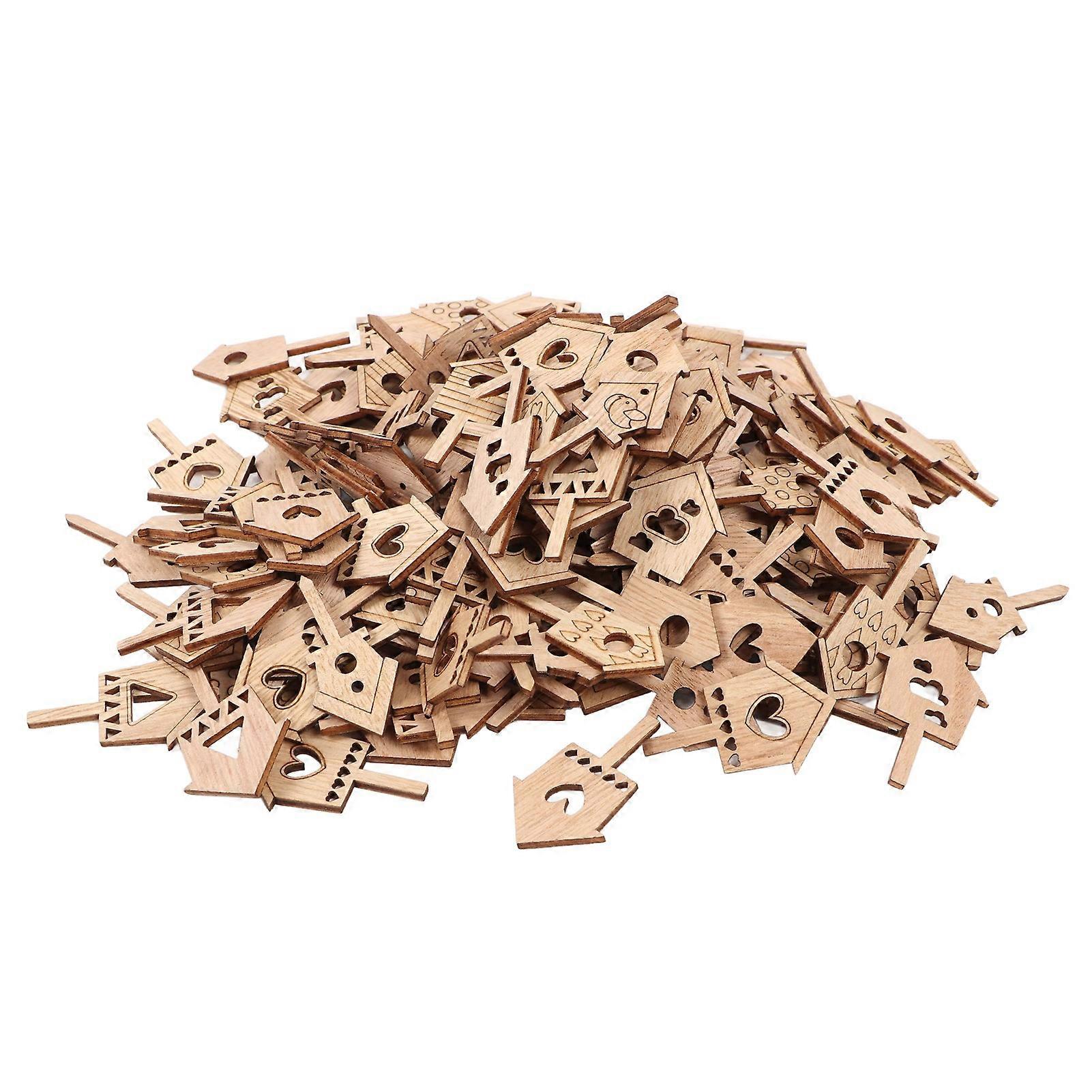 200Pcs Wood House Cutout Slices Bird Cage Shape Unfinished Wooden Cutouts for Wooden Art Craft Making