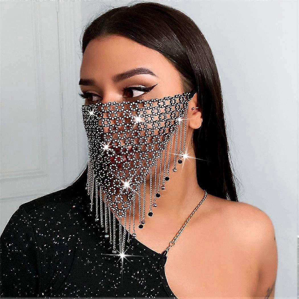 Sparkly Rhinestones Face Masks Black Chain Crystal Mesh Masks Rhinestones Masquerade Mask