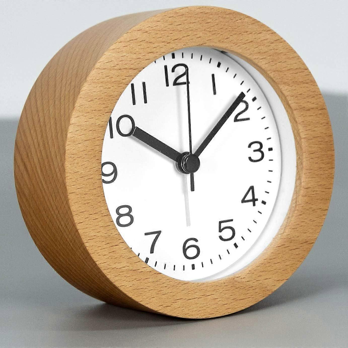 3-Inches Round Wooden Alarm Clock with Arabic Numerals, Non-Ticki